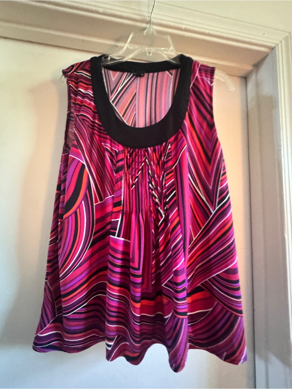 Rafaella Vibrant geometric, pleated sleeveless top — orange, hot pink, purple